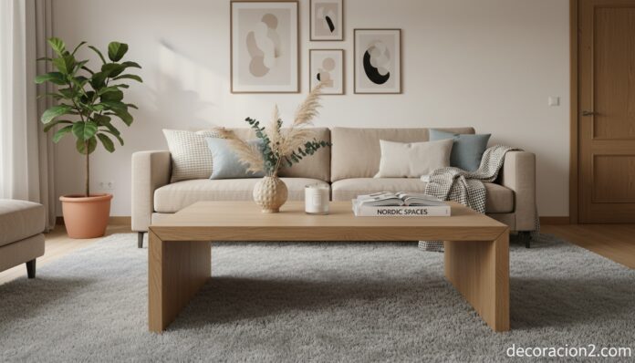Mesa de centro de madera en un salón moderno decorada con florero, vela y libro de diseño