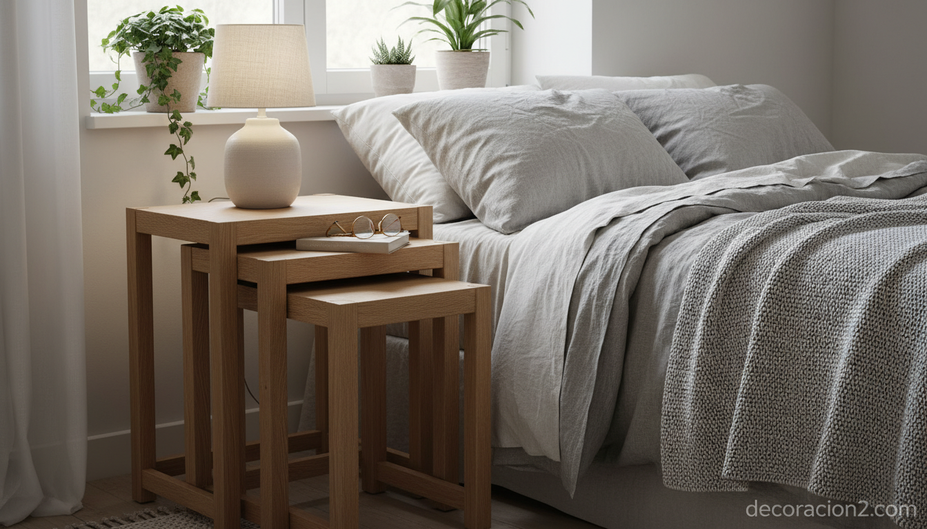 Mesas nido de madera como mesitas de noche en dormitorio nórdico