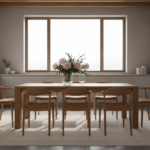 A warm, inviting modern kitchen scene with a solid oak dining table and stainless steel top, surroun