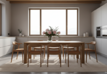 Mesas y sillas para cocina en estilo moderno con madera de roble y acero