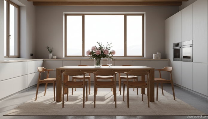 Mesas y sillas para cocina en estilo moderno con madera de roble y acero