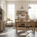A bright modern kitchen with a woman standing at a freestanding wooden island table, surrounded by m