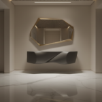 A modern entrance hallway featuring a floating futuristic console cabinet with sculptural form in ma