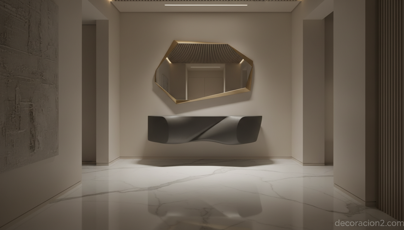 Mueble contenedor futurista flotante en recibidor moderno con suelo de mármol
