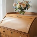 Close-up of Biedermeier style furniture details: a secretary desk in light cherry wood with clean cu