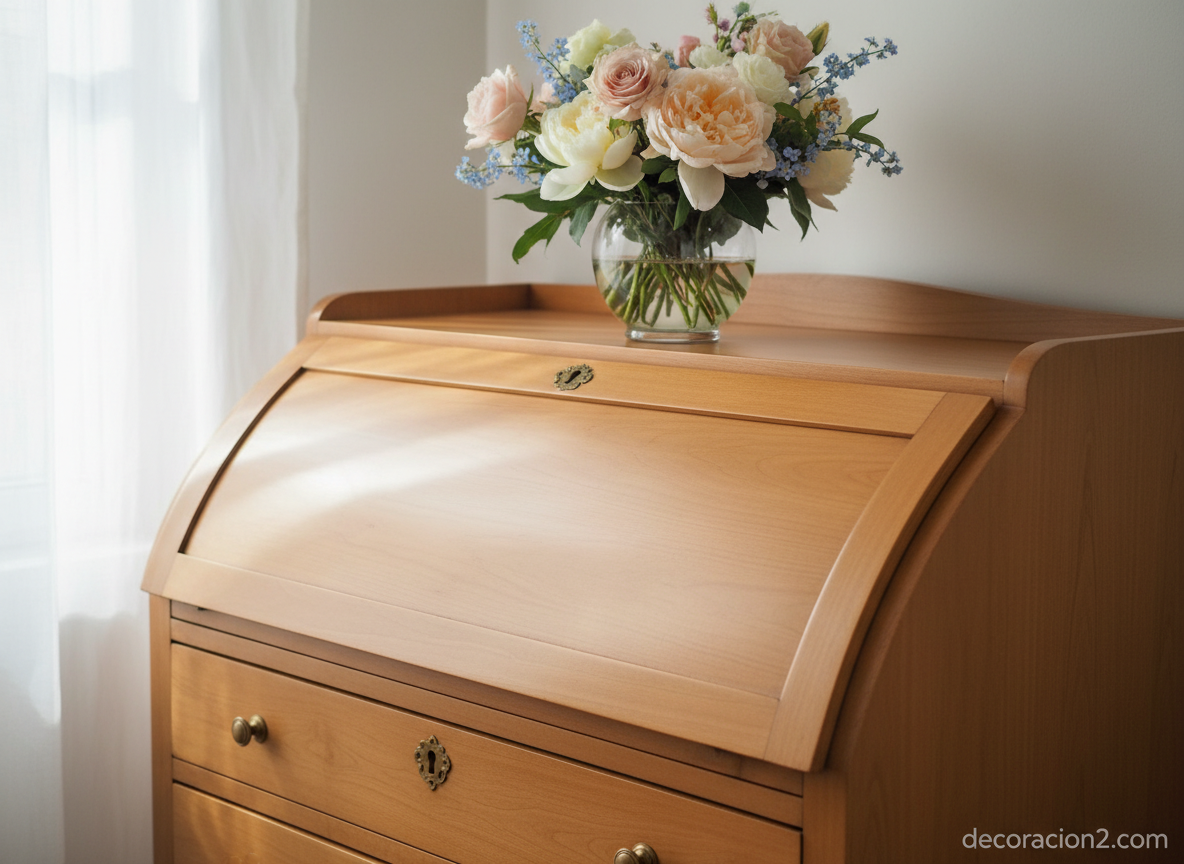 Escritorio secreter de estilo Biedermeier en madera de cerezo con líneas curvas y herrajes de latón