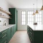 A modern, stylish kitchen with deep emerald green cabinets, brass hardware, white marble countertop