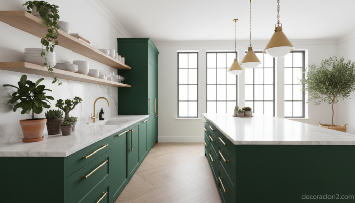 Cocina con muebles verde esmeralda, encimera de mármol y detalles en latón