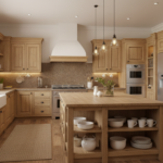 A rustic style kitchen with wooden cabinets, open shelving displaying dishware, stainless steel appl