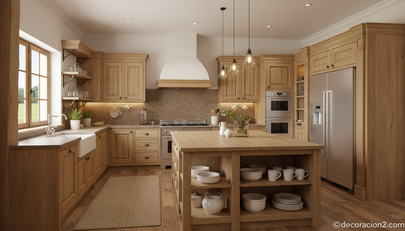 Muebles de cocina en estilo rústico con armarios y estanterías abiertas