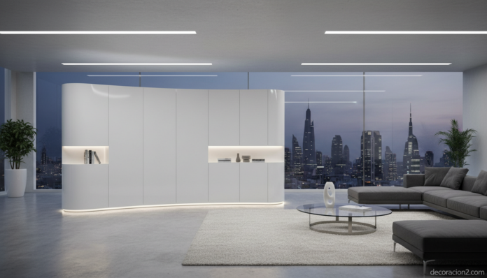 Mueble contenedor futurista lacado blanco en salón moderno minimalista