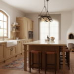 A modern Spanish kitchen with well-designed wooden cabinetry, central island with stools, warm neutr