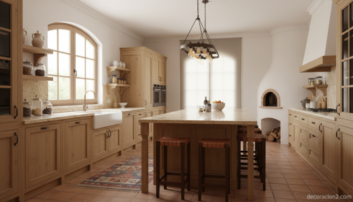 Muebles de cocina modernos con isla central y acabados en madera