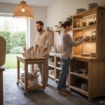 A couple organizing a kitchen with freestanding modular furniture, including a rolling wooden cart w