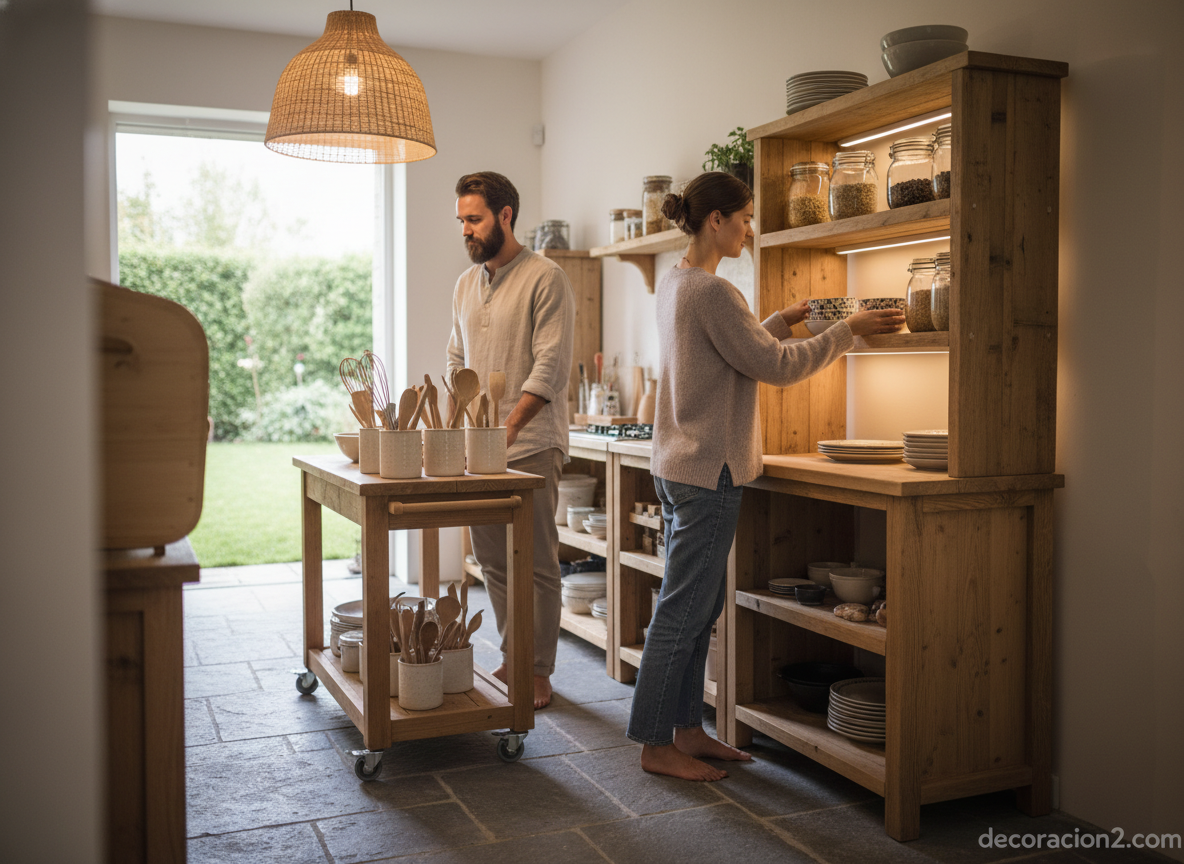Muebles independientes y carrito auxiliar en una cocina organizada con estanterías abiertas