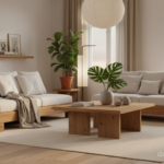 Elegant living room with warm natural pine wood furniture including a sofa with wooden frame and whi