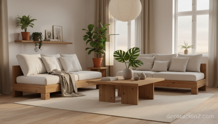 Muebles de madera de pino en salón estilo nórdico