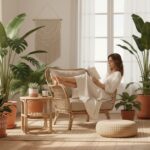 A bright and airy living room featuring a wicker armchair with neutral linen cushions next to a ratt