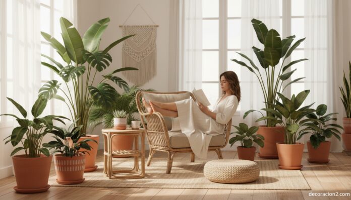 Salón decorado con sillón de mimbre natural, cojines de lino y plantas tropicales en estilo boho