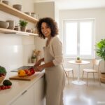 Young woman cooking in a tiny but well-organized compact kitchen, modern small space design, inducti