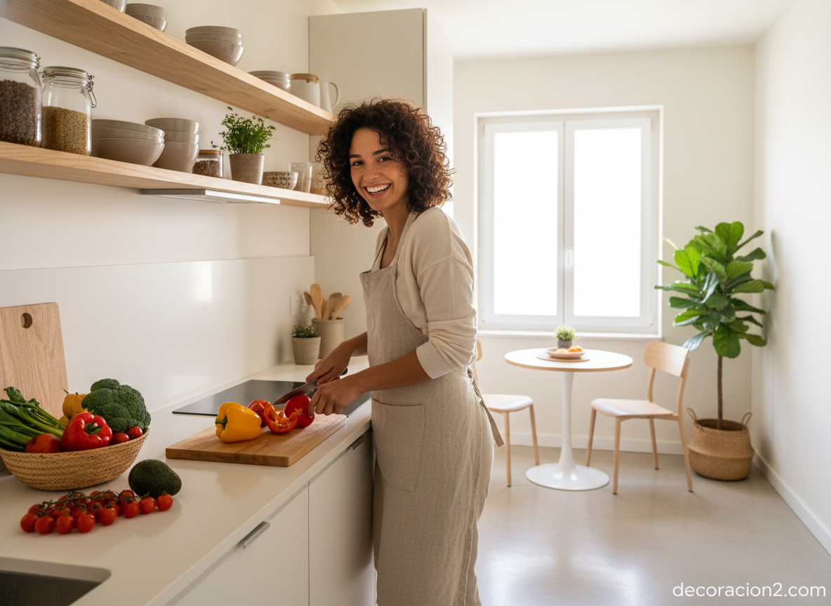 Cocinas compactas: soluciones inteligentes para espacios mínimos 6 Mujer cocinando en una cocina compacta bien organizada con inducción y estantes abiertos