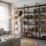 Woman arranging books and decorative objects on a stylish open bookshelf in a modern living room, or