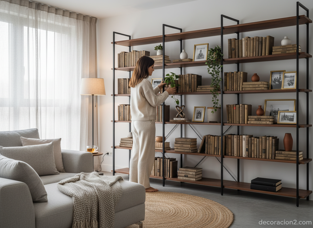 Librerías y estanterías decorativas: tipos, ideas y cómo elegir la mejor para tu hogar 10 Mujer decorando una estantería con libros, plantas y objetos decorativos en su salón