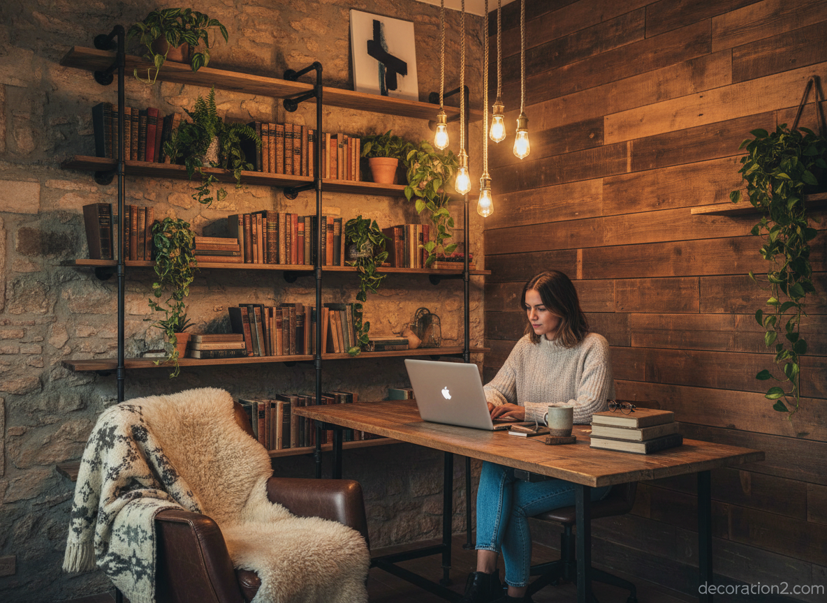 Oficinas rústicas: cómo decorar un despacho con estilo rústico y funcional 5 Mujer trabajando en un despacho rústico industrial con pared de piedra e iluminación cálida