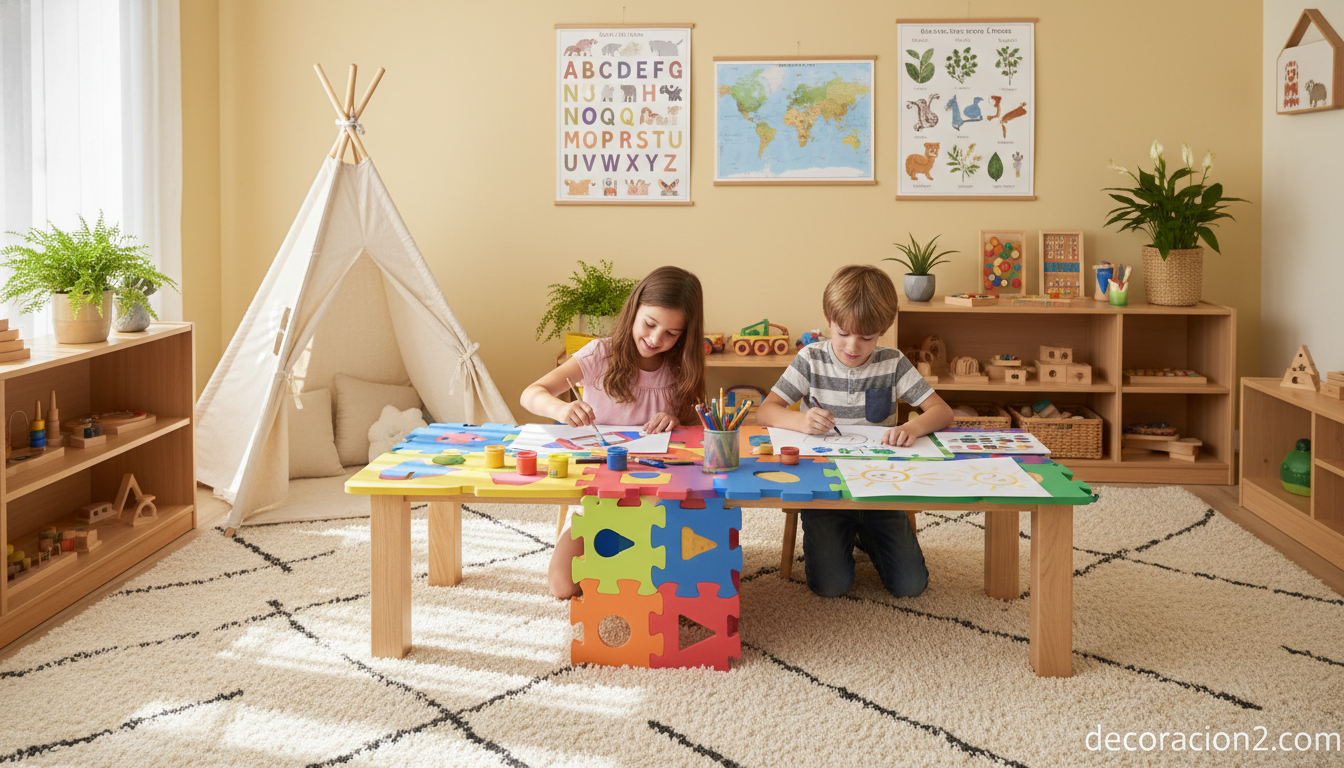 Niños jugando y pintando en una mesa puzzle infantil en una sala de juegos