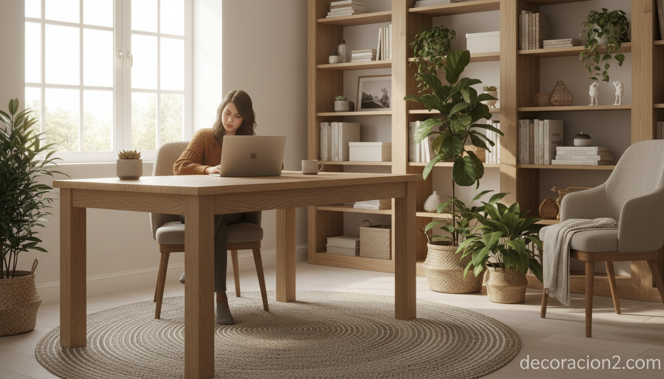 Oficina en casa sostenible con escritorio de madera certificada y plantas