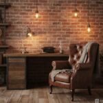 Beautiful rustic home office with exposed brick wall, reclaimed wood desk, vintage leather chair, wa