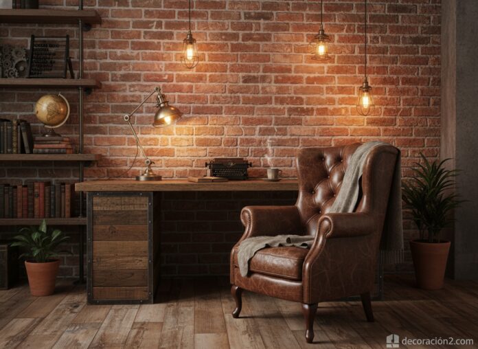 Beautiful rustic home office with exposed brick wall, reclaimed wood desk, vintage leather chair, wa