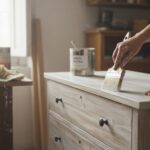 Hands of a woman applying white paint patina to a rustic wooden dresser with a wide brush, vintage f