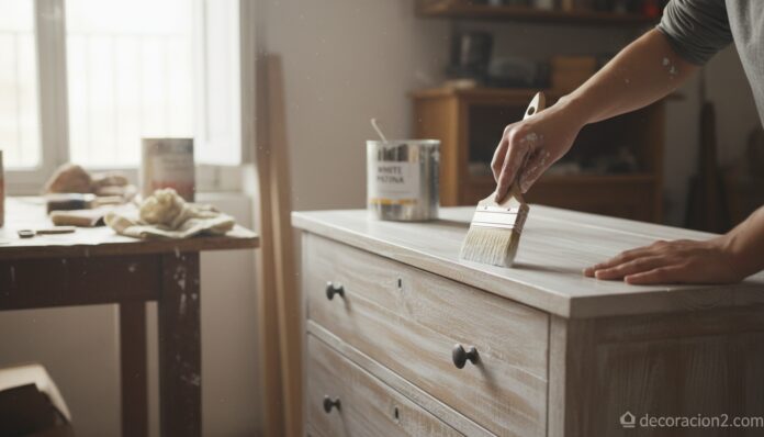 Hands of a woman applying white paint patina to a rustic wooden dresser with a wide brush, vintage f Mujer aplicando pátina blanca a un mueble de madera rústico con brocha ancha en taller de restauración
