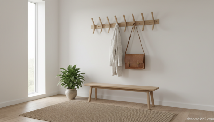Perchero de pared decorativo en recibidor escandinavo con abrigos colgados