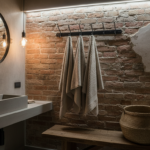 Industrial style bathroom with black iron wall-mounted coat rack holding fluffy beige towels and a w