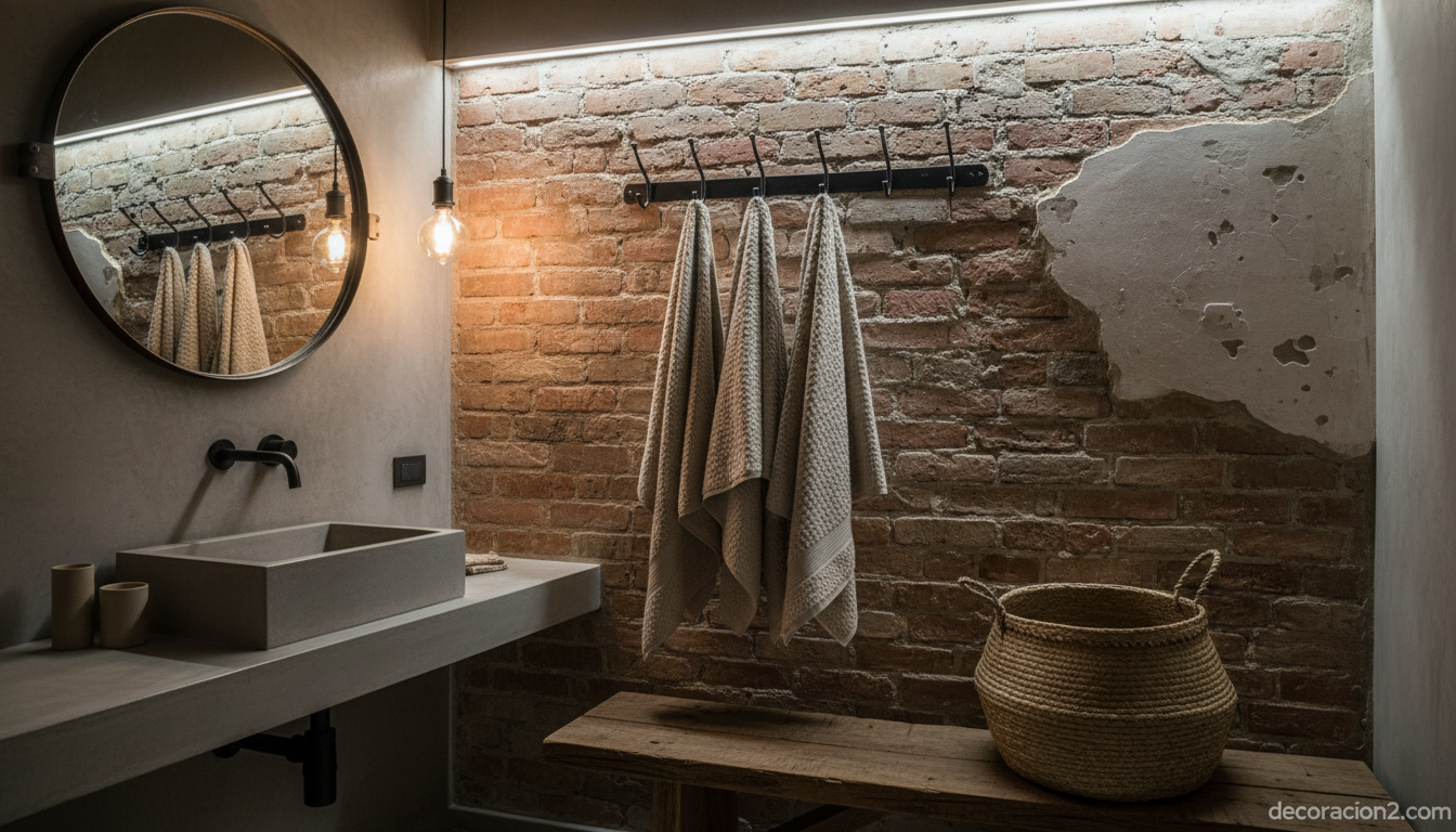 Perchero de pared industrial de hierro negro en baño moderno