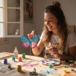 Woman painting a transparent plastic butterfly with colorful acrylic paint and glitter on a craft ta