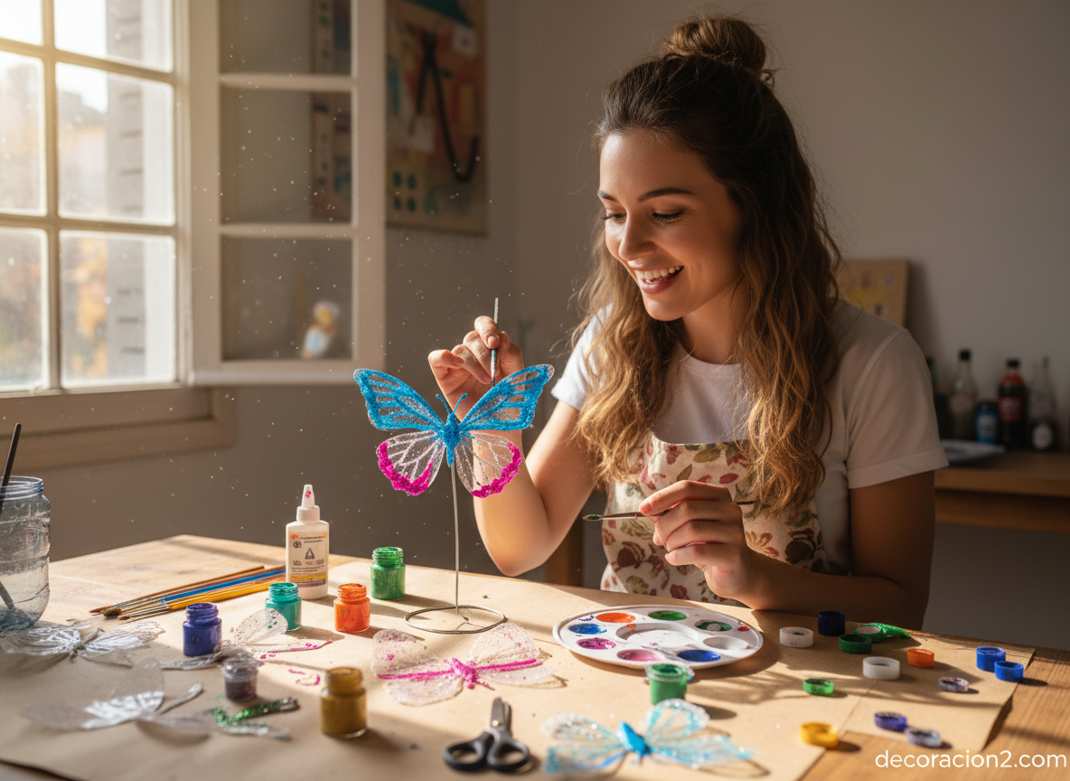 Cómo hacer mariposas recicladas con botellas de plástico 2 Pintando una mariposa de plástico reciclado con pintura acrílica de colores