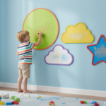 Modern colorful adhesive chalkboard in different shapes (circle, cloud, star) on a light blue childr