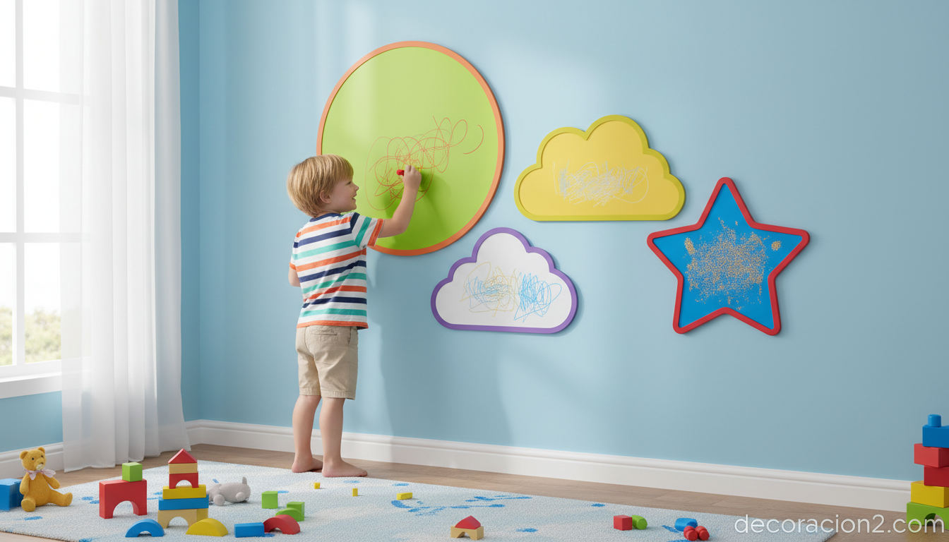 Pizarras adhesivas de colores con formas de nube y estrella en habitación infantil