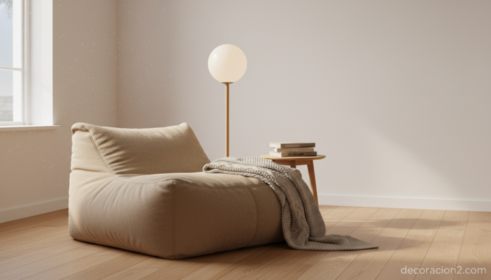 Puf decorativo beige en salón nórdico junto a lámpara de pie