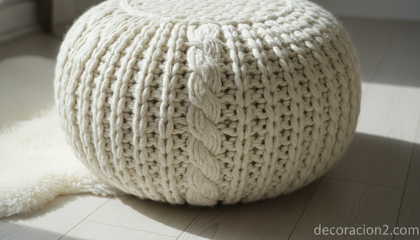 Puf de punto grueso de lana en color crema con textura artesanal