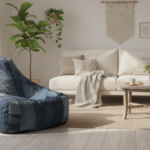 A cozy modern living room with a large handmade bean bag pouf upholstered in recycled blue denim jea