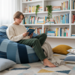 A teenager reading a book while sitting on a large blue denim recycled jeans bean bag in a bright ki