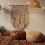 A bohemian style bedroom corner with two round Moroccan leather poufs in brown and tan colors on a c