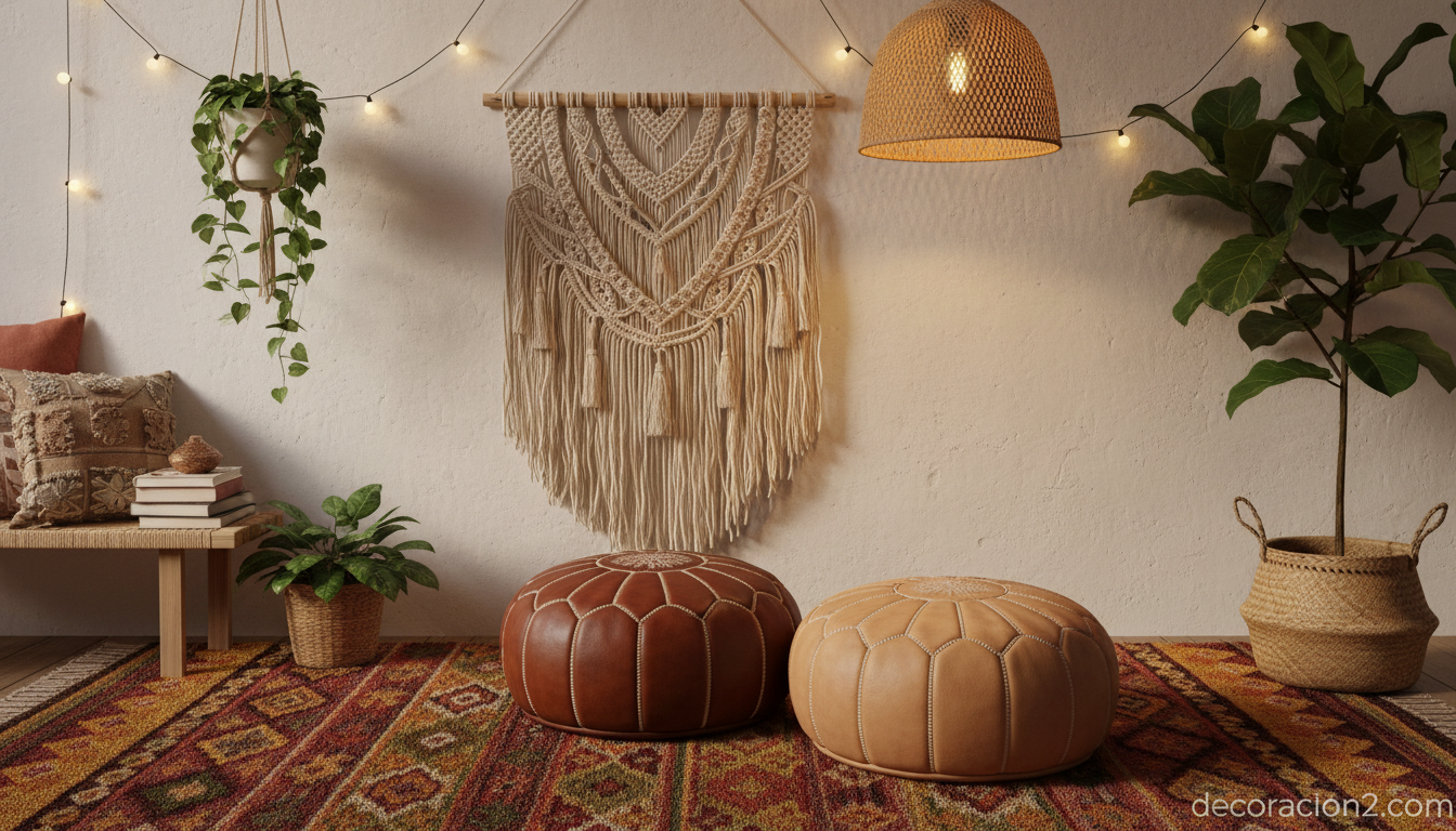 Pufs marroquíes de cuero en dormitorio de estilo bohemio