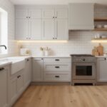 Beautiful bright kitchen renovation with new black matte cabinet handles, LED strip lights under upp