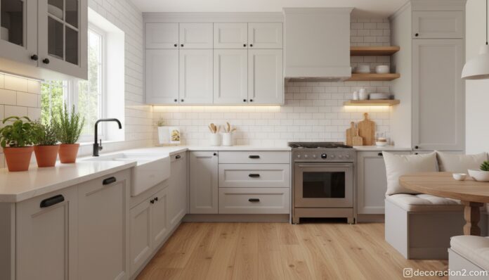 Cocina renovada sin obras con tiradores nuevos en negro mate, iluminación LED y plantas aromáticas