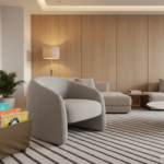 An elegant modern living room with a designer magazine rack holding colorful magazines, placed next
